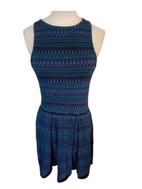 Tildon Sleeveless Blue & Teal Patterned Fit-and-Flare Knit Dress Size M